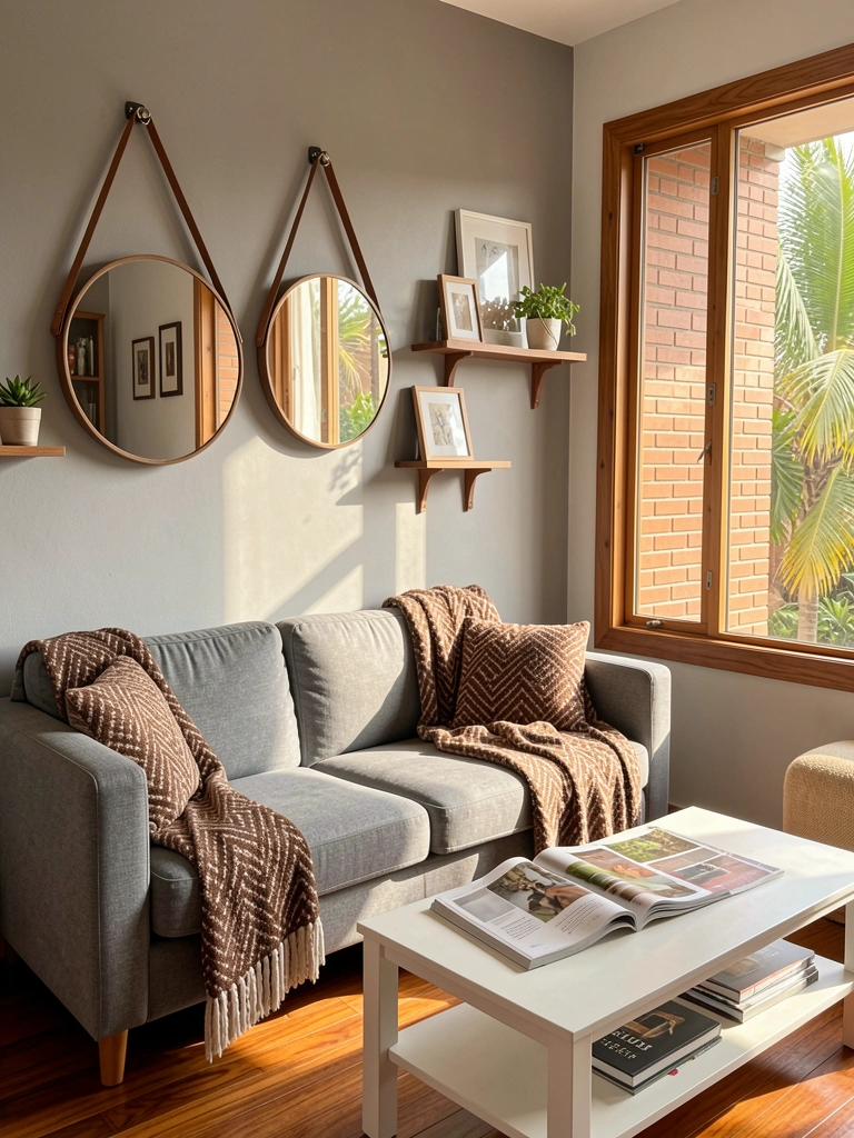 Sofá cinza com manta marrom estampada, mesa branca com livro e revista, dois espelhos redondos com alças de couro na parede cinza, janela com moldura de madeira e tijolos, piso de madeira, luz natural.