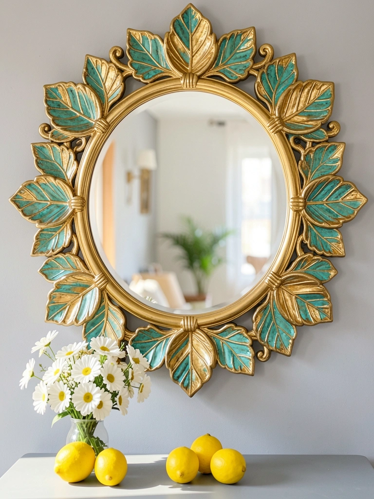 Close-up de espelho dourado com detalhes em verde-azulado refletindo sala clara, buquê de flores brancas e limões sobre mesa cinza.