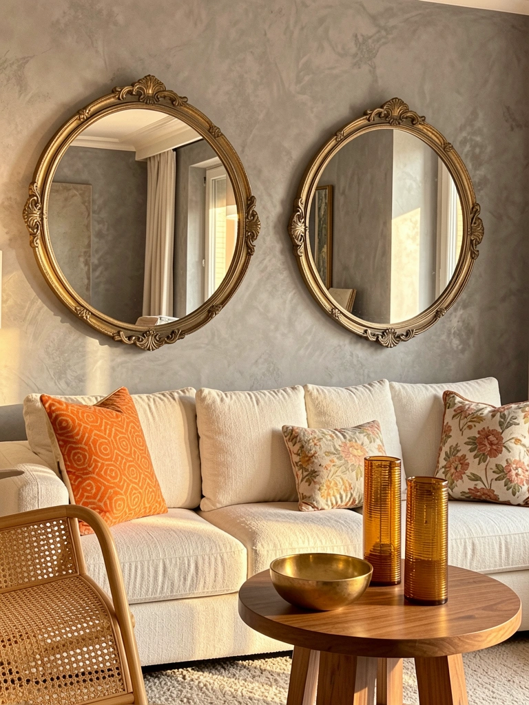 Luz natural incide sobre dois espelhos redondos ornamentados, refletindo sofá off-white com almofada laranja e mesa de centro de madeira com vasos âmbar.