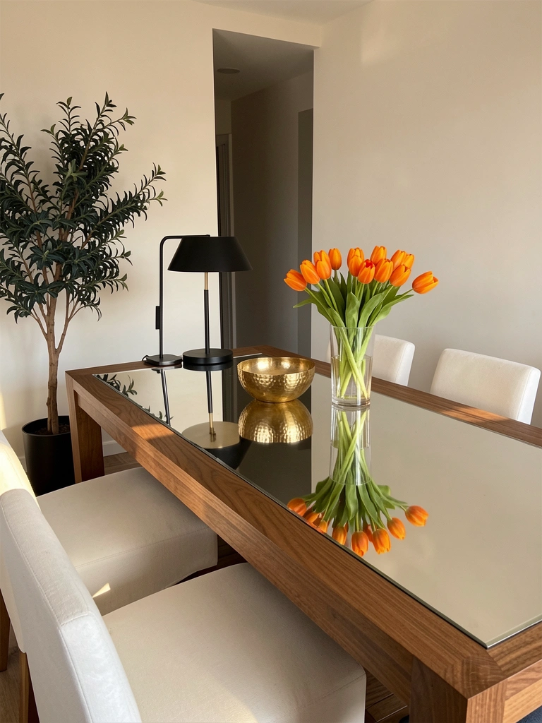 Mesa retangular de madeira com espelho refletindo tulipas laranja em vaso de vidro, luz natural e parede clara ao fundo.