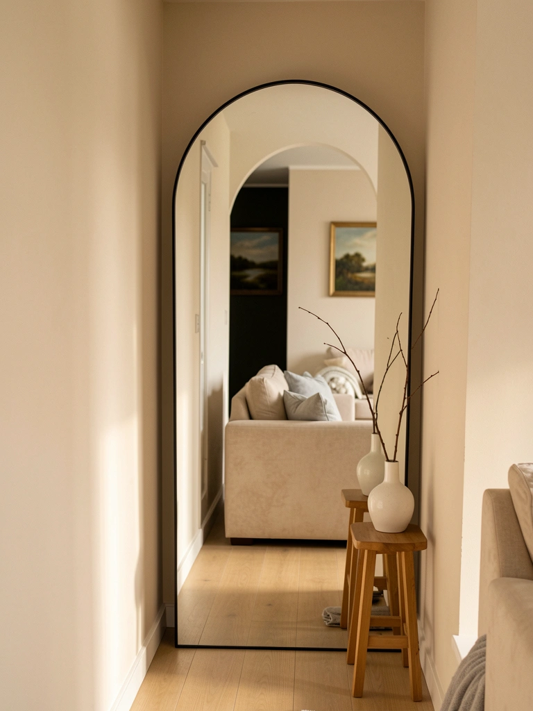 Arco de espelho reflete sofás bege e cinza, galho em vaso branco sobre banquinho de madeira, luz natural em corredor estreito.