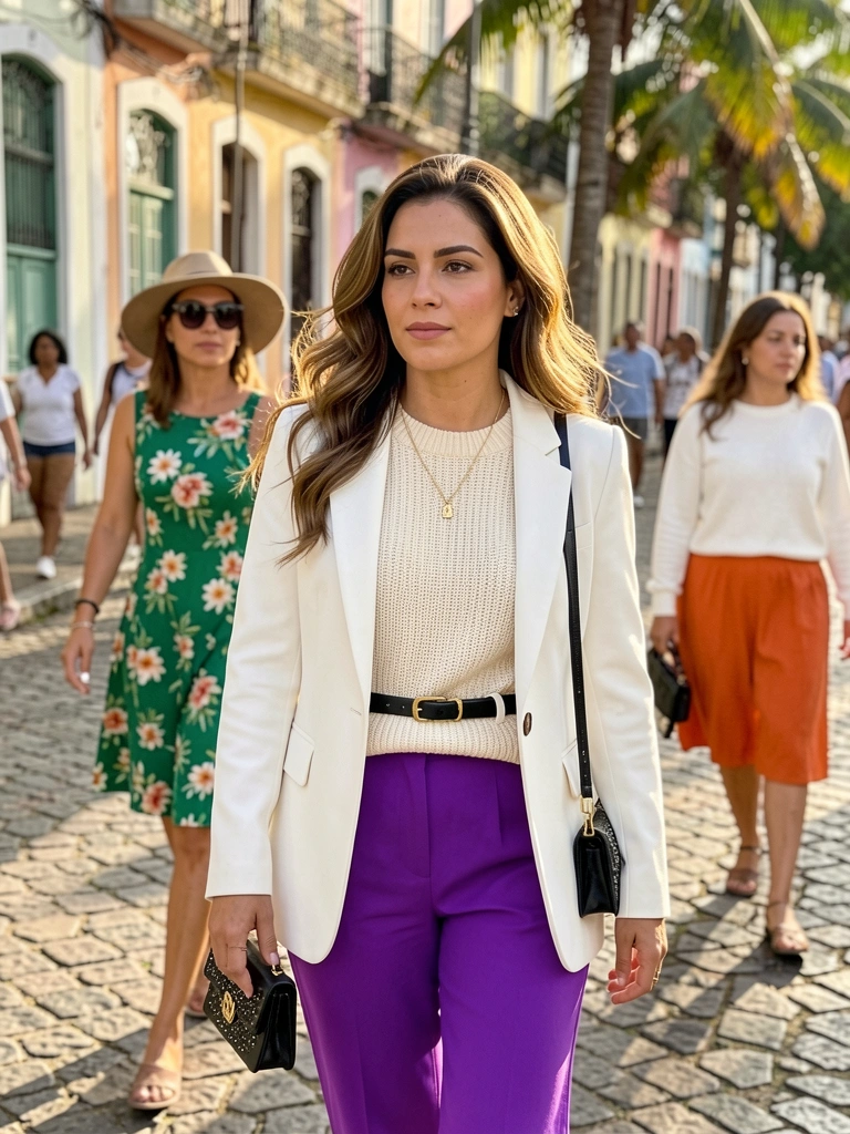 Mulher com suéter creme, blazer branco e calça roxa vibrante em rua ensolarada; ao fundo, outra de vestido floral verde.