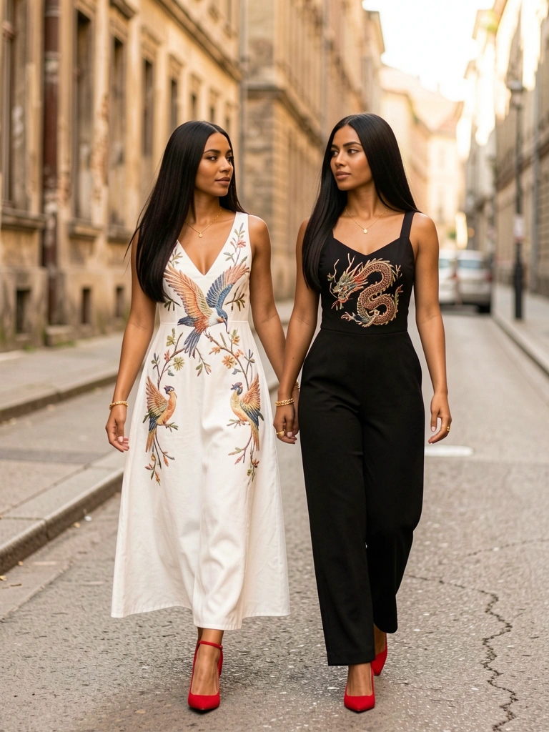Duas mulheres em rua com prédios antigos, uma de vestido branco bordado com pássaros e flores, outra de macacão preto com dragão bordado, luz natural e desfoque suave ao fundo.