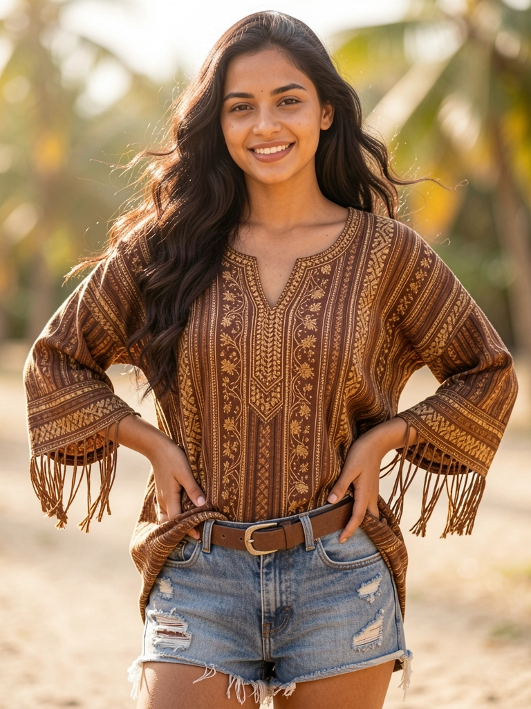 Mulher com túnica marrom e franjas, shorts jeans desfiados e cinto de couro, mãos na cintura, fundo desfocado com luz natural.