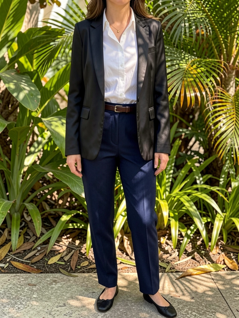 Blazer preto de cetim aberto sobre camisa branca, calça azul-marinho com padrão espinha-de-peixe e cinto marrom, luz natural filtrada por folhagens.