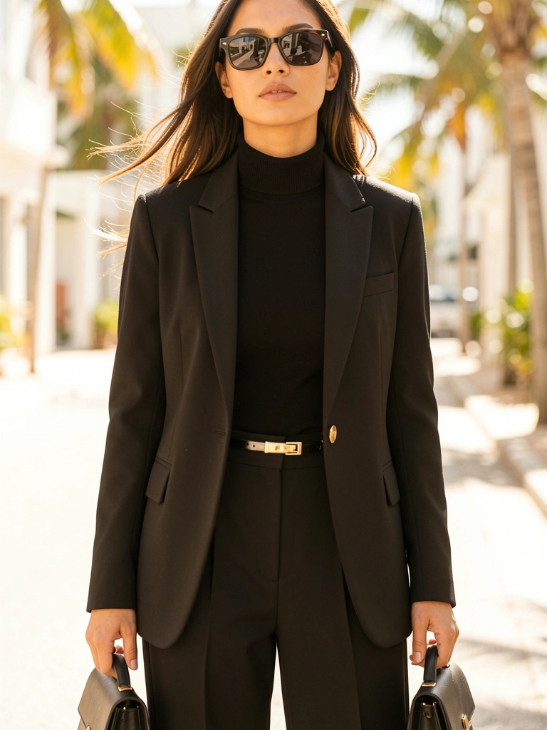 Mulher de blazer preto com cinto dourado fino, calça wide-leg e bolsa estruturada, luz natural difusa e fundo de rua arejado.