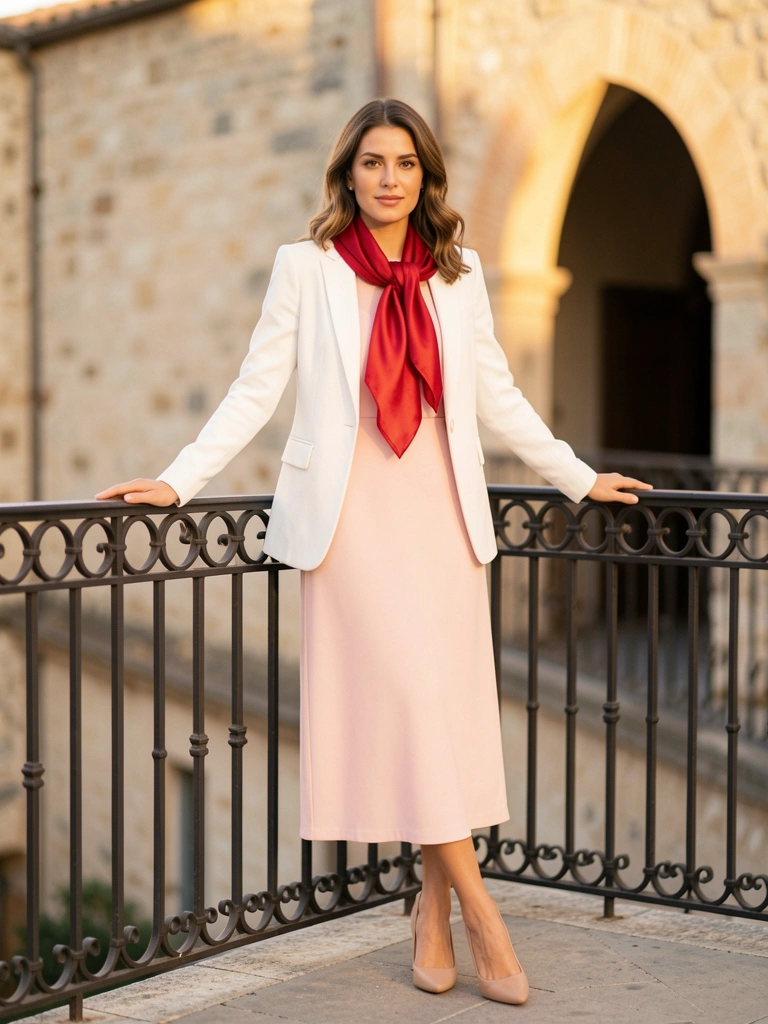 Mulher com vestido midi rosa claro, blazer branco e lenço vermelho de seda, encostada em grade de ferro forjado, luz quente de fim de tarde.