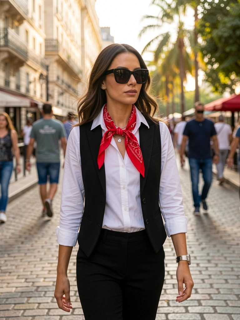 Mulher de camisa branca, colete preto e bandana vermelha caminha em rua parisiense com pedestres desfocados ao fundo, luz natural quente.