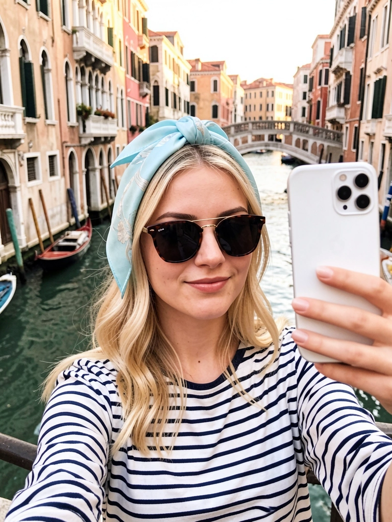 Jovem de cabelo loiro e óculos escuros, camisa listrada de branco e azul-marinho, tirando selfie com smartphone branco; lenço de seda azul-claro na cabeça, canal veneziano com prédios históricos e barcos ao fundo, luz natural do dia.