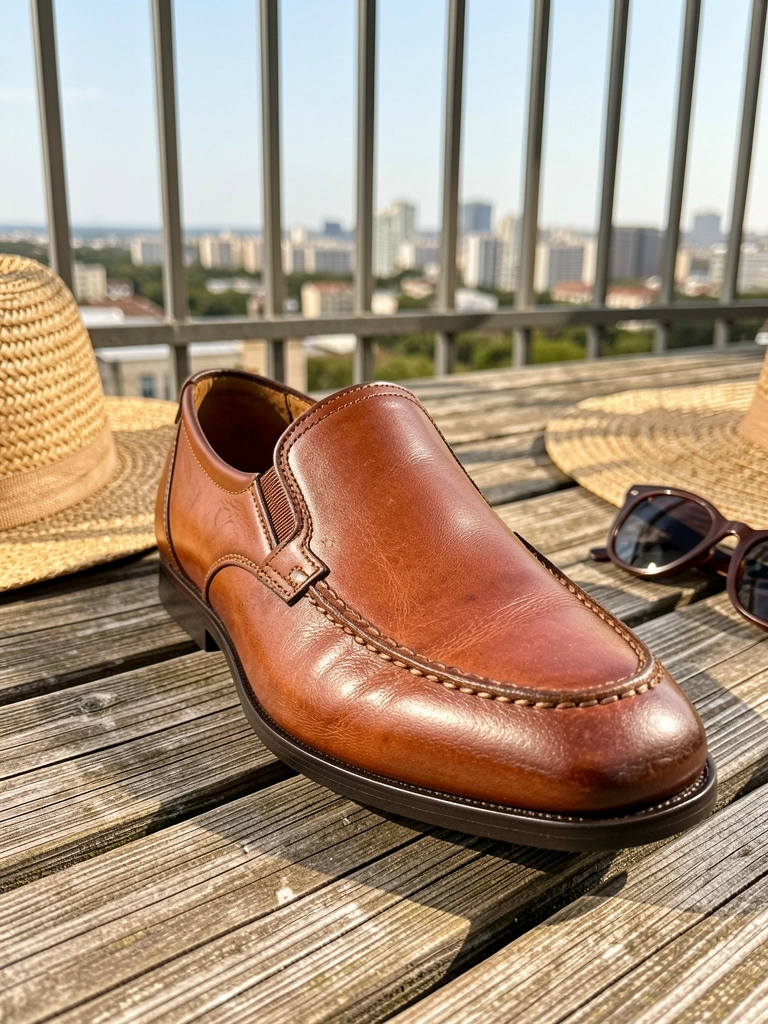 Sapato de couro marrom com costuras aparentes sobre deck de madeira, chapéu de palha e óculos escuros ao lado, luz natural e prédios ao fundo.