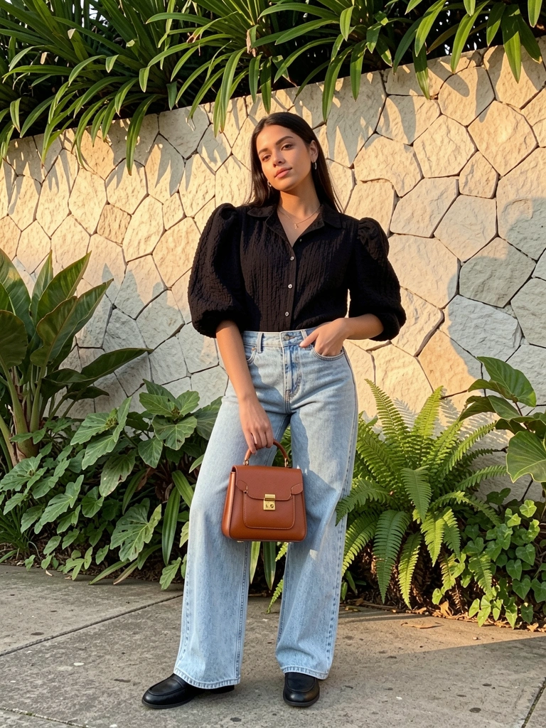Mulher de camisa preta de mangas bufantes e calça jeans clara, segurando bolsa marrom com detalhes dourados, fundo de pedra clara e folhagens verdes.