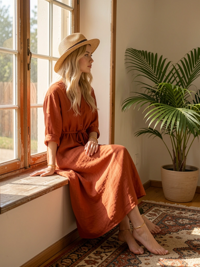 Luz natural incide sobre mulher de vestido terracota sentada em peitoril, palmeira e tapete estampado ao lado.