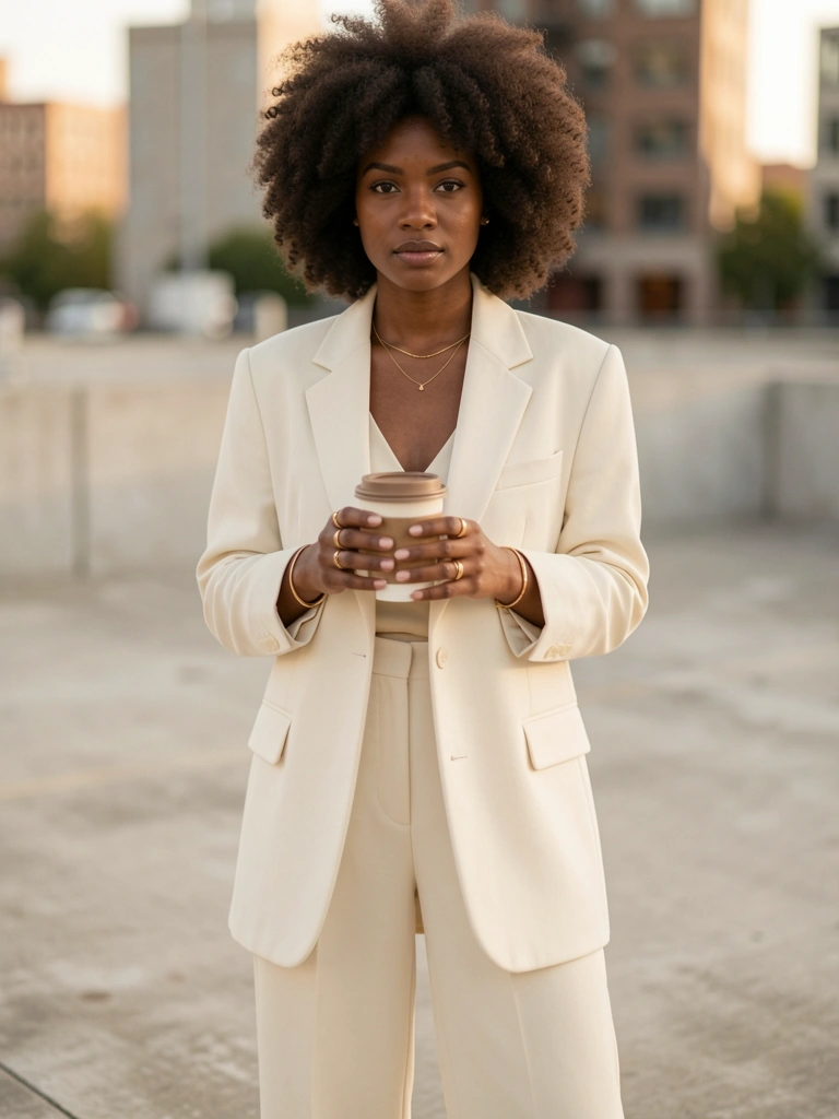 Mulher com cabelo afro volumoso usando blazer oversized creme e calça de alfaiataria, segurando xícara de café ao ar livre com fundo urbano desfocado.