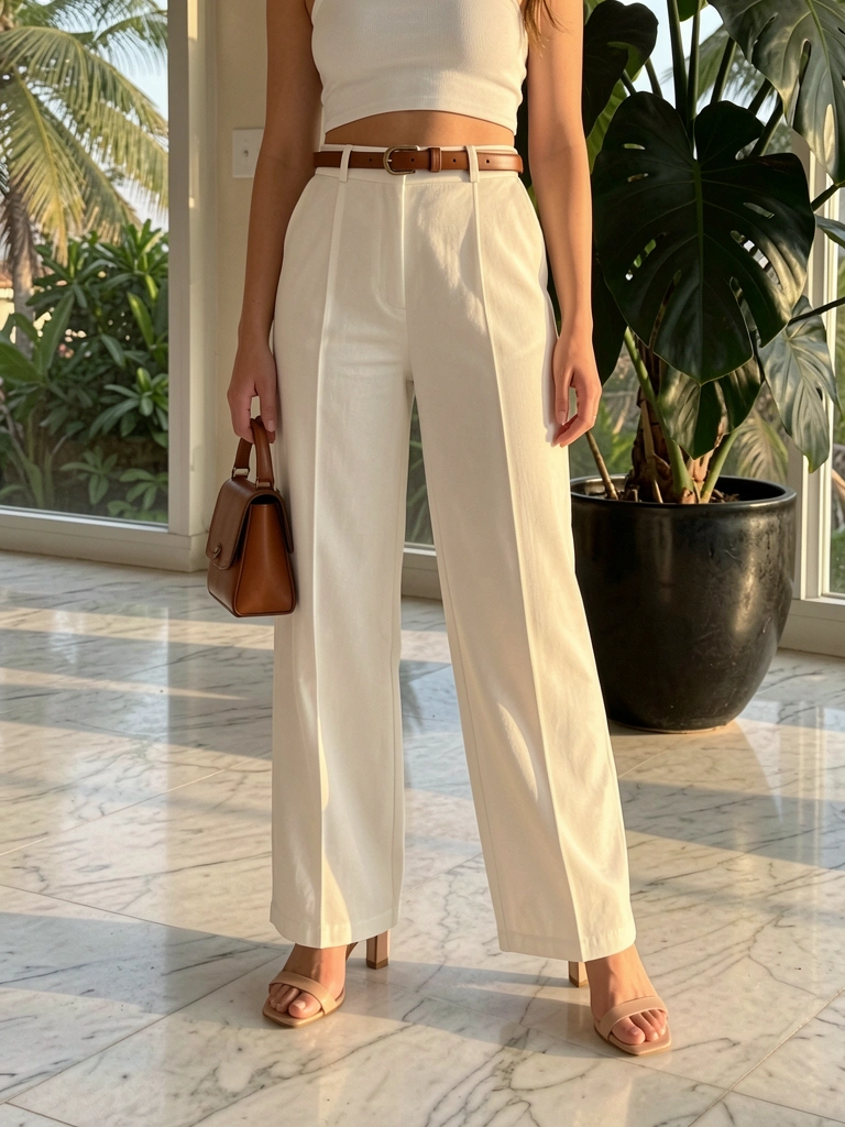 Marmore polido reflete luz natural; mulher de branco com cinto e bolsa marrons, sandálias nude e planta verde escura ao fundo.