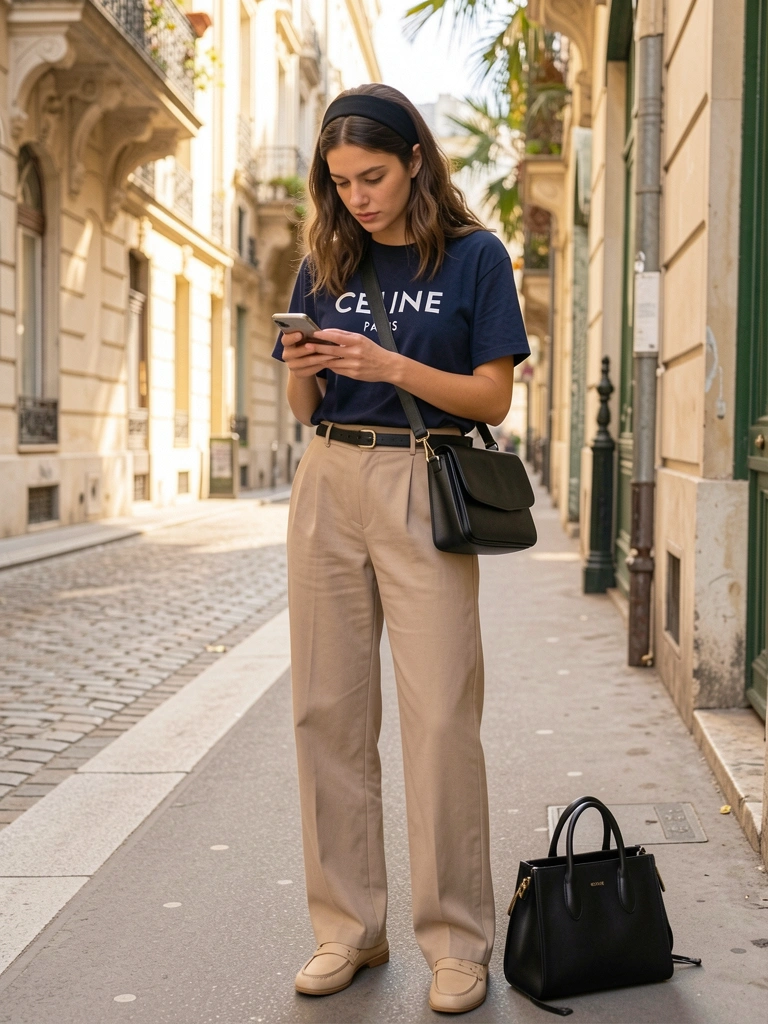 Mulher de cabelo preso com headband preta e camiseta azul escura da Celine Paris, bolsa de couro preta a tiracolo e calça wide-leg bege, em calçada parisiense sob luz natural quente.