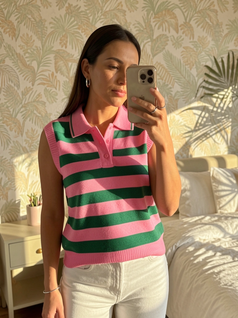 Mulher segurando colete listrado rosa e verde com gola polo, jeans branco e celular na altura do rosto, brincos de argola prateados, quarto com papel de parede e criado-mudo claro, luz natural suave.