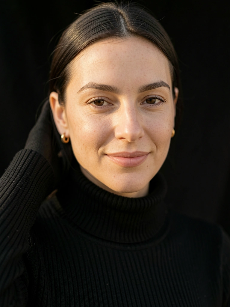 Mulher de gola alta preta e brincos dourados, sorriso sutil, luz natural suave, fundo escuro e profundidade de campo rasa.