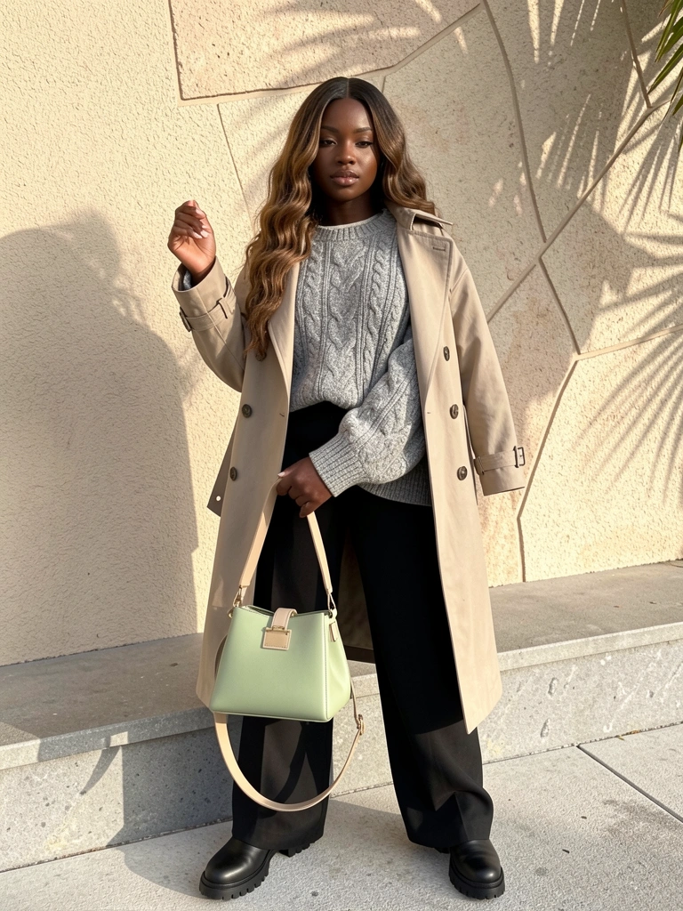 Jovem negra com cabelo ondulado, suéter cinza, casaco bege e bolsa verde-clara contra parede texturizada, luz natural.