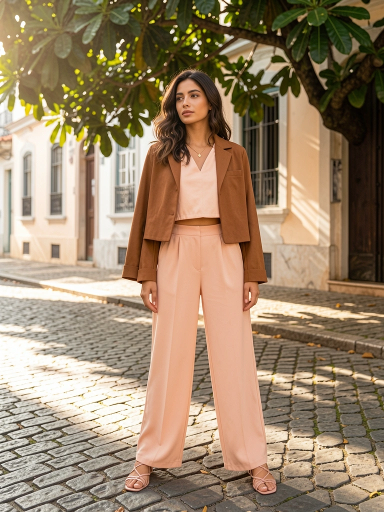 Jovem com jaqueta pêssego e calça wide-leg em rua de paralelepípedos, luz solar filtrada por folhas, texturas de tecido e sandálias finas.