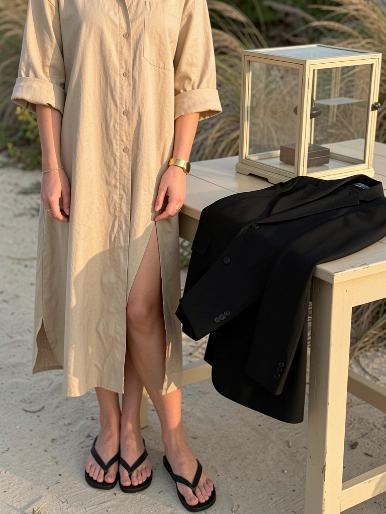 Vestido bege oversized com fenda lateral, blazer preto sobre mesa de madeira clara, luz natural e fundo externo com brisa.