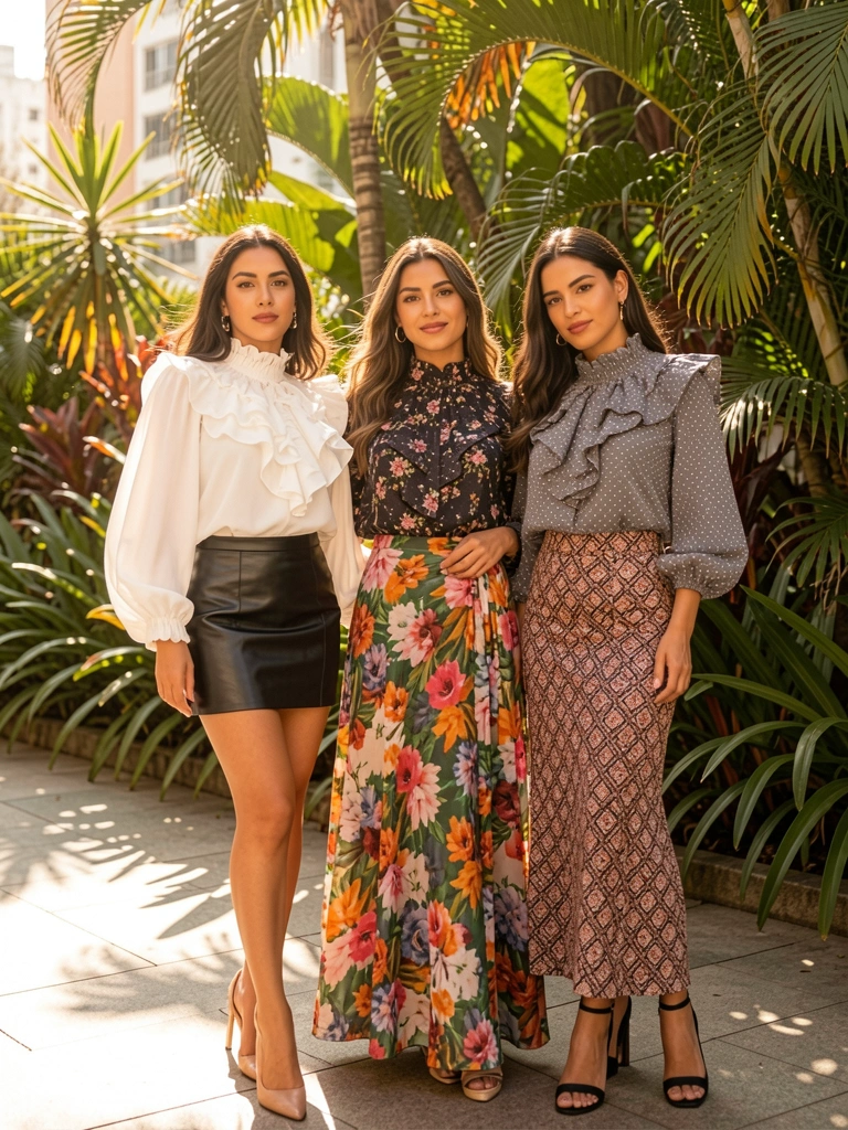 Três mulheres em blusas com babados e saias variadas posam em calçada ensolarada com folhagens tropicais ao fundo.