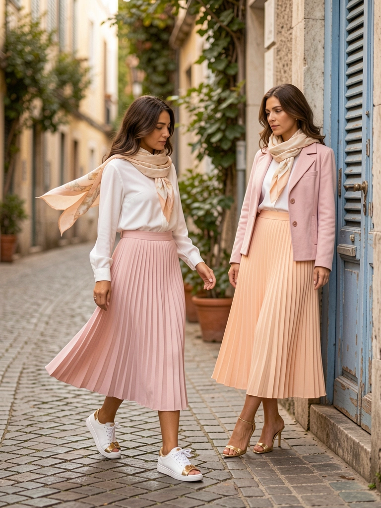 Duas mulheres em saias plissadas pastel e blusas brancas: uma caminha em rua de paralelepípedos, cachecol ao vento; a outra junto a porta azul desgastada, jaqueta rosa clara e saltos dourados. Luz natural, fundo europeu desfocado.