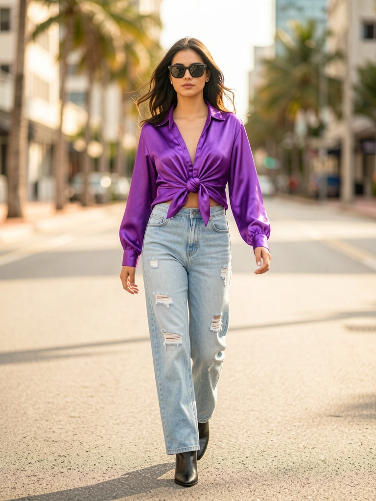 Mulher jovem de blusa roxa amarrada na cintura, calça jeans clara desfiada e bota preta, andando em rua urbana com óculos escuros, luz natural e prédios desfocados ao fundo.