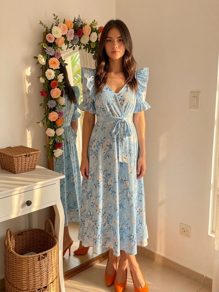 Jovem de vestido floral azul claro com laço na cintura, refletida em espelho com guirlanda; cesto de vime e mesa branca ao lado, luz solar quente.