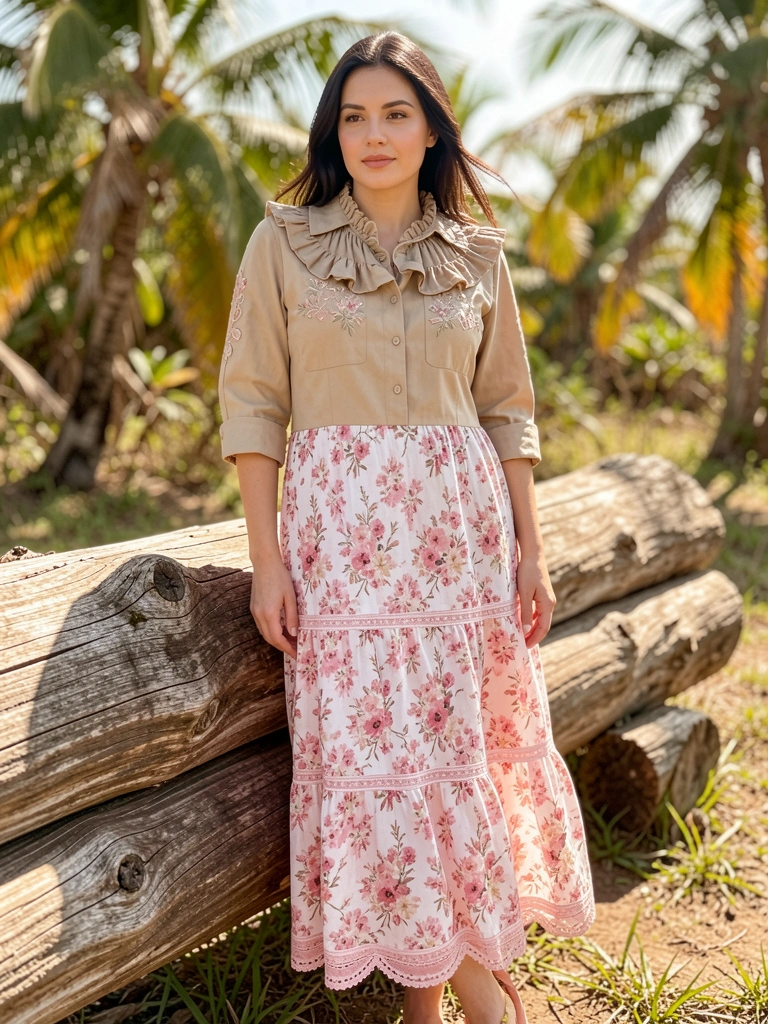 Mulher de vestido floral rosa e branco com gola franzida, ao lado de tronco de madeira desgastado, luz natural intensa e folhagem ao fundo.