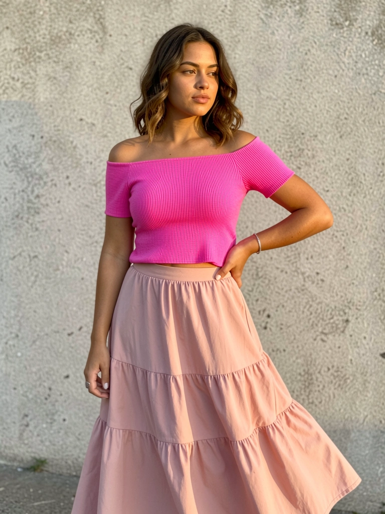Jovem de cabelo castanho ondulado e blusa rosa canelada, saia longa em camadas, pulseira de prata, parede de concreto clara com luz natural.