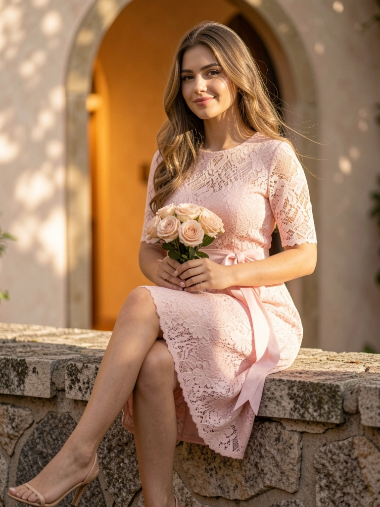 Jovem de vestido rosa claro com laço na cintura e renda, segurando buquê de rosas cor-de-rosa, sentada em muro de pedra texturizado, arco iluminado ao fundo.