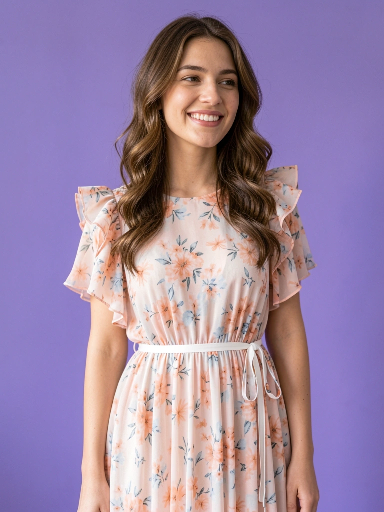 Jovem de vestido floral com mangas franzidas e faixa branca na cintura, fundo roxo liso, luz difusa e suave.