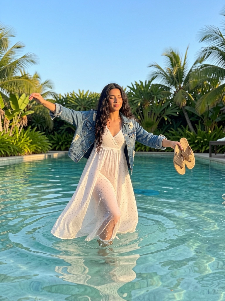 Mulher de vestido branco de bolinhas e jaqueta jeans atravessa piscina transparente, segurando sandálias de palha, com folhagens tropicais e céu azul ao fundo.