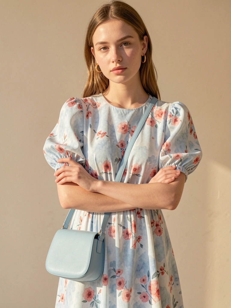 Jovem de vestido floral azul e branco com mangas bufantes, bolsa azul claro, brincos de argola dourados, luz natural, fundo bege neutro.