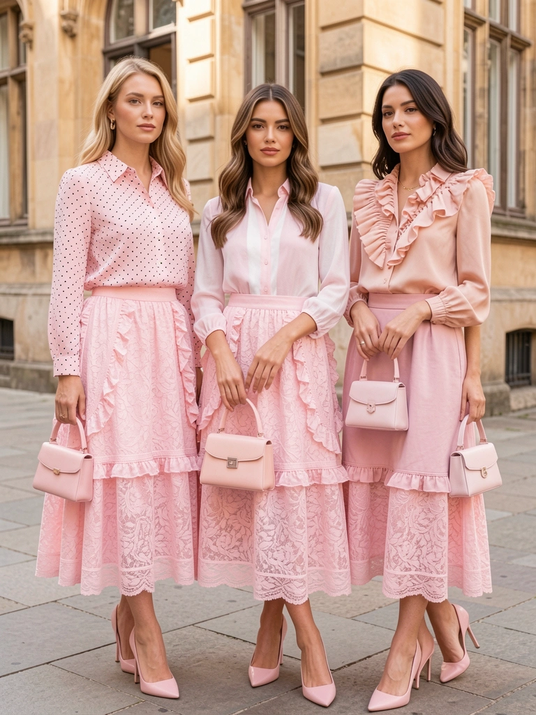 Três mulheres em vestidos rosa pastel com renda e babados, segurando bolsas rosas, em frente a uma fachada histórica sob luz natural.