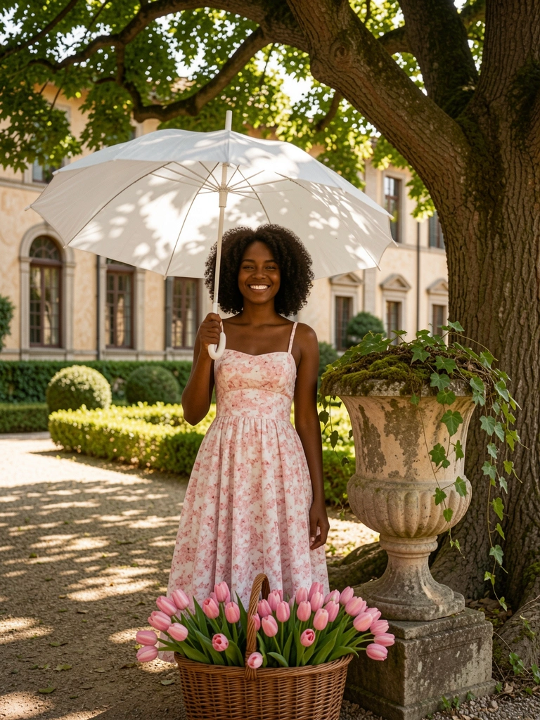 Mulher negra de cabelos cacheados segurando guarda-sol branco, vestido floral rosa e branco, cesto com tulipas rosas e urna de pedra com musgo, luz natural filtrada por árvore.