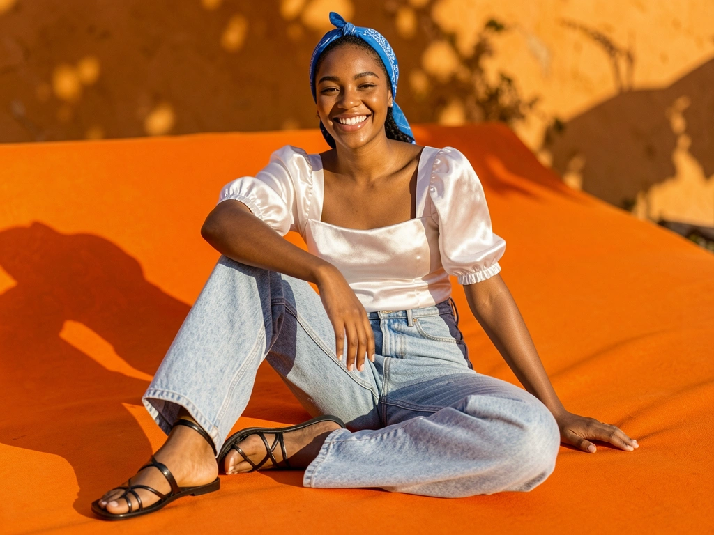 Jovem sentada sobre superfície laranja, blusa de cetim branca com mangas bufantes, calça jeans azul claro e sandálias pretas de tiras, lenço azul na cabeça, luz natural.