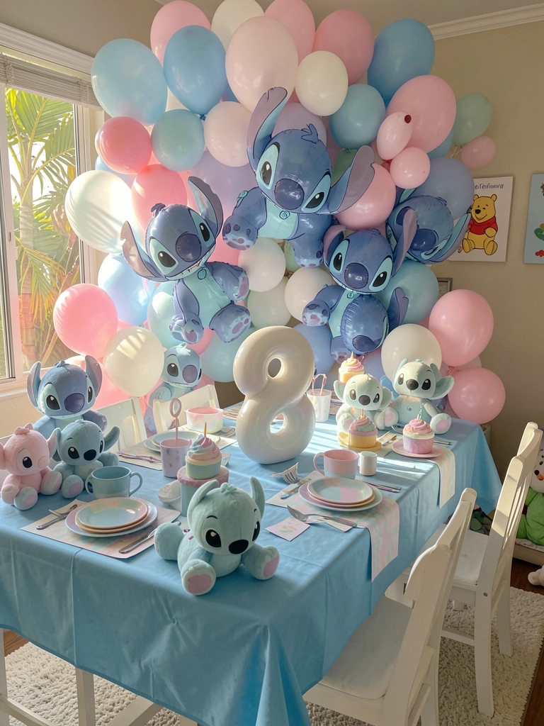 Balões azuis, rosa e brancos de Stitch sobre mesa com toalha azul, bolo e enfeites, luz natural de janela.