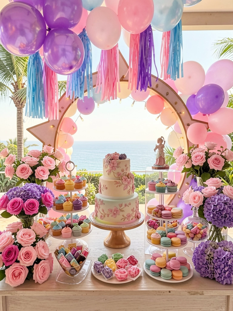 Mesa de doces com bolo floral, cupcakes e macarons, arco com estrela e balões iridescentes, luz natural e vista do oceano ao fundo.
