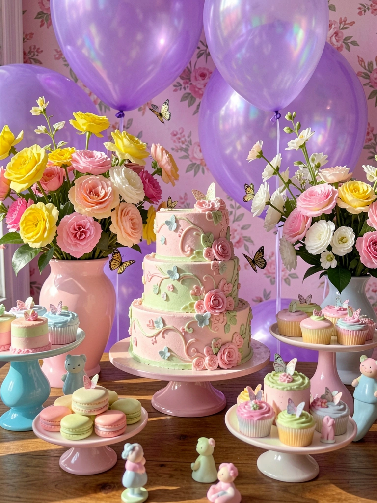 Bolo de três camadas com glacê rosa e verde, flores amarelas e brancas em vaso rosa, balões roxos e borboletas sobre mesa de madeira iluminada por luz natural.