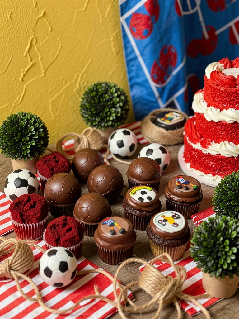 Mesa com cupcakes, bolos temáticos de futebol e toalhas listradas em vermelho e branco, parede amarela texturizada e tecido azul e vermelho ao fundo, luz natural aquecida.