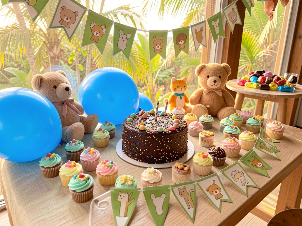 Mesa festiva com bolo de chocolate decorado com confeitos coloridos, cupcakes, balões azuis e bandeirolas verdes e brancas; ursinho de pelúcia e gato de brinquedo sobre a mesa; luz natural do dia.