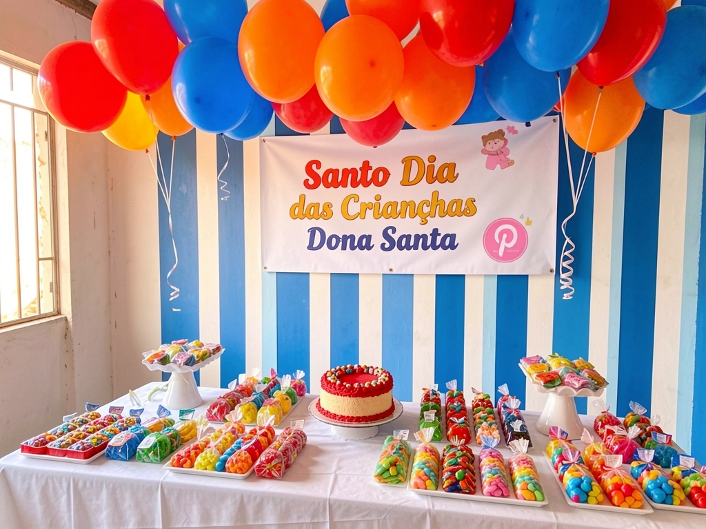 Mesa comprida com bolo de glacê vermelho, doces coloridos e pequenos presentes; balões vermelhos, laranja e azul suspensos; parede listrada azul e branca com banner 
