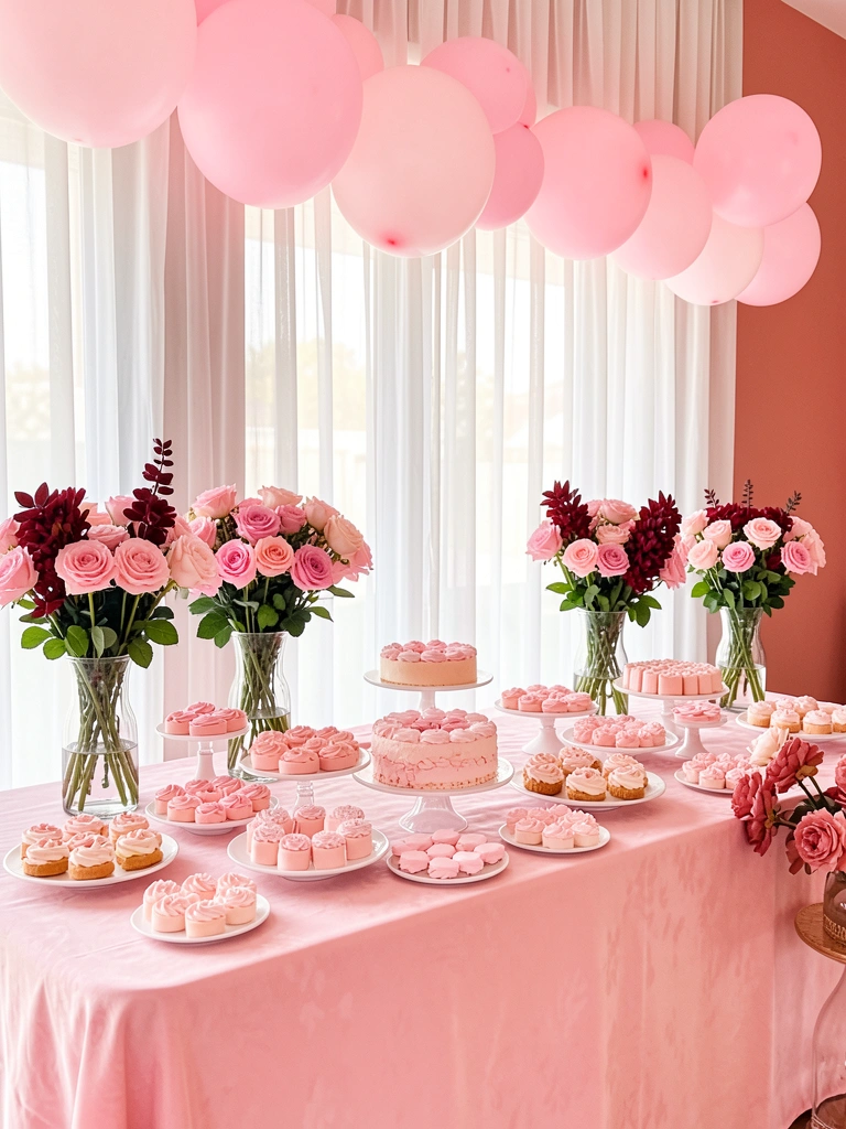 Mesa comprida com toalha rosa claro, vasos de vidro com rosas cor-de-rosa e flores vinho, balões cor-de-rosa pendurados e cortinas branças transparentes ao fundo, luz natural suave.