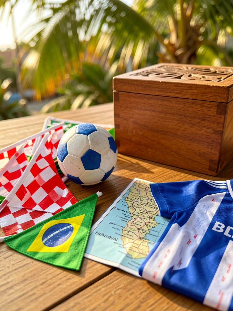 Bandeirinhas xadrez vermelhas e brancas, bola de futebol azul, camisa azul e branca, mapa de cidades brasileiras e caixa de madeira marrom sob luz natural.