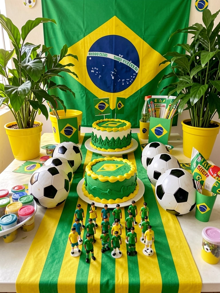 Mesa de festa com bolo de glacê verde e amarelo, miniaturas de jogadores de futebol e bandeira do Brasil ao fundo, sob luz natural.