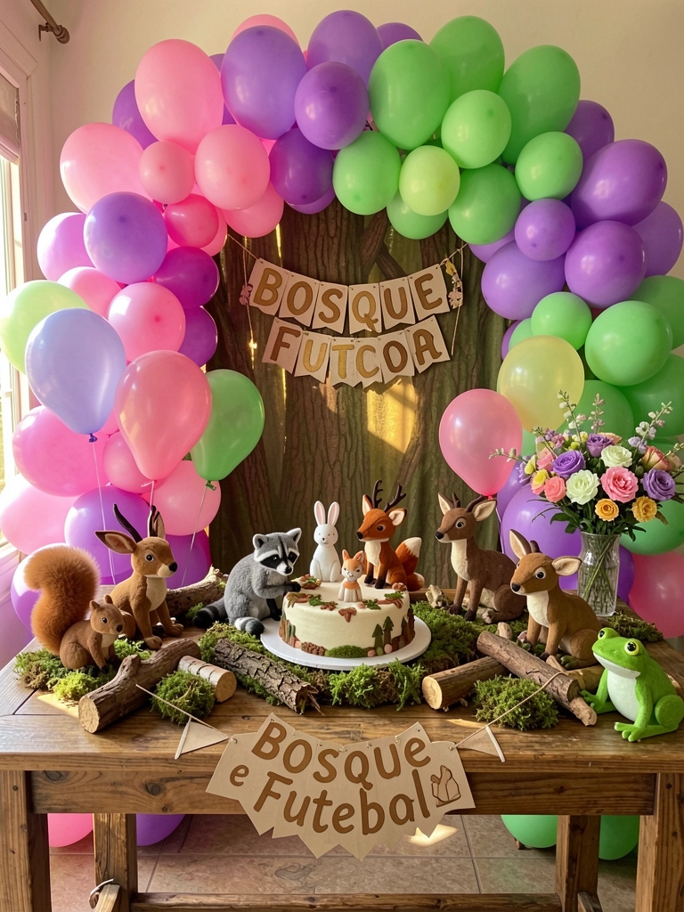 Bolo com guaxinim, coelho e raposa de açúcar sobre mesa rústica de madeira, arco de balões rosa, roxo e verde ao fundo, luz natural filtrada.