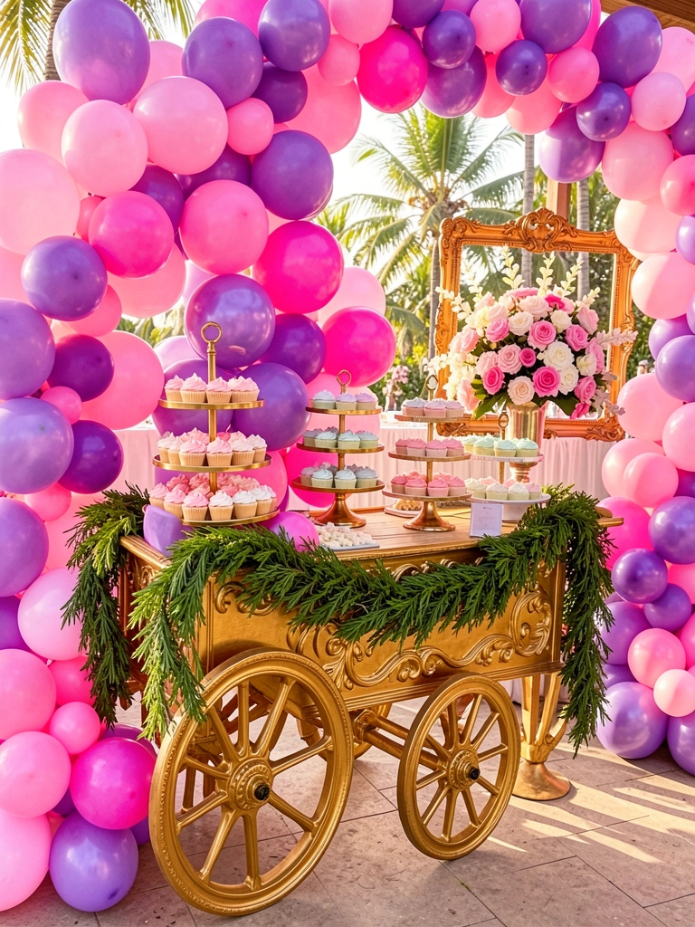 Prateleira dourada com balões rosa e roxos, arranjo floral e cupcakes em suporte de três andares, luz natural de dia.