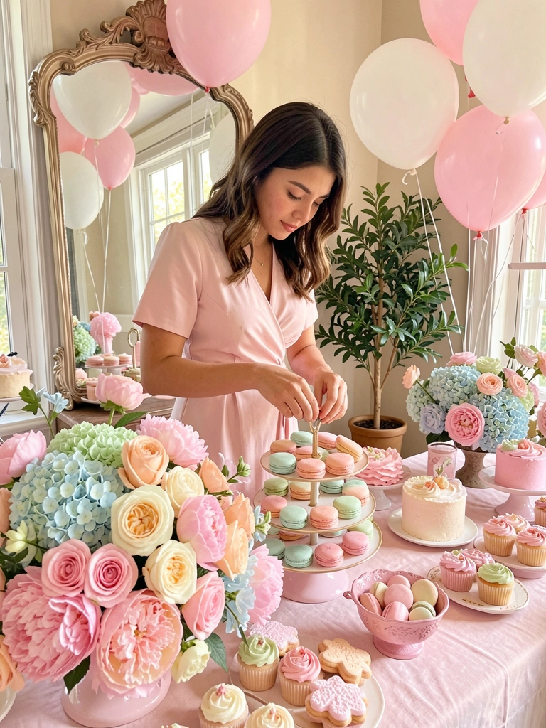 Jovem em vestido rosa arruma macarons em suporte de bolo sobre mesa com toalha rosa, flores, balões e luz natural.
