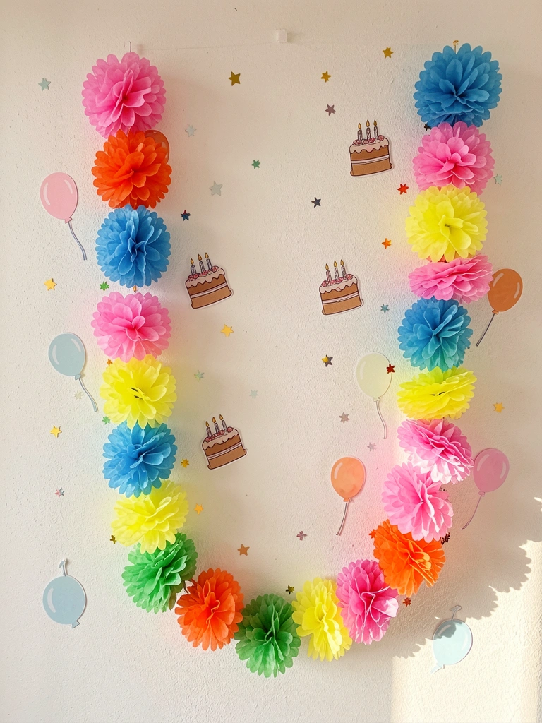 Guirlanda de pompons de papel coloridos pendurada em parede branca texturizada, com recortes de bolo e estrelas, iluminação natural.